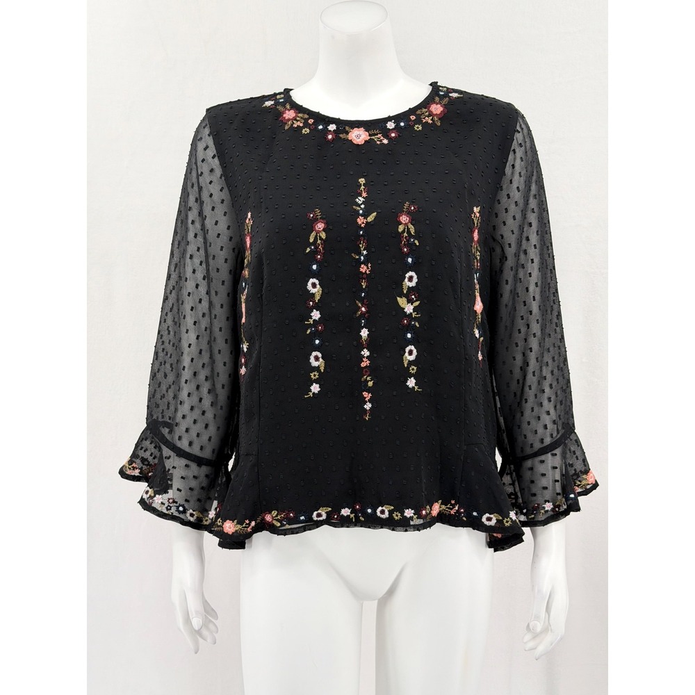 Whistles Top‎ Womens 12 Black Swiss Dot Embroidered Floral Ruffle Boho Romantic
